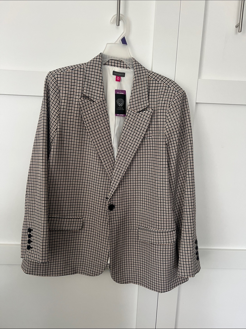 Vince Camuto Black & White Checked Beige Single-Button Blazer